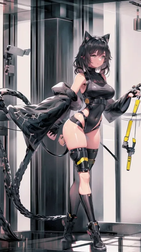 Defined female body, thick thighs, cybernetic body parts, black shorts, black training bra, cat ears, caramel brown eyes, long brown brown hair,