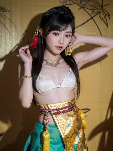 An ancient Chinese beauty，Dance，The ornate costumes are embroidered with intricate embroidery，A long colored streamer is tied around the arm，flowy，Open navel，cropped shoulderare neck，Yingluo，Black coiled hair bun hairpin hairband，The armband is tied with a...