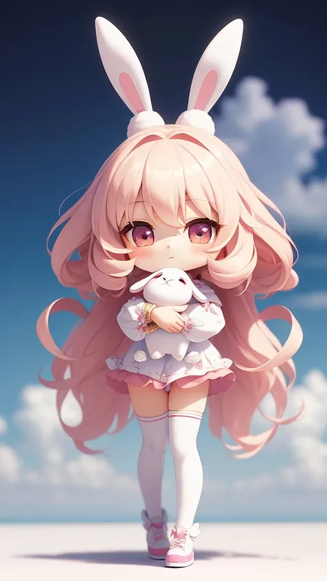 Bunny Morphing Girl, Fluffy, Soft ((Best Quality)), ((masutepiece)), ( Extreme Detail, Supreme Detail, Official art, Beauty and aesthetics: 1.2), depth of fields, Composition, Full body, (Chibi), (Beautiful and detailed eyes: 1.3), (Very satisfied:1), Colo...