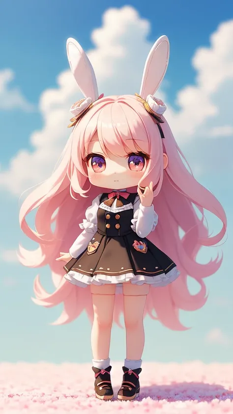 Bunny Morphing Girl, Fluffy, Soft ((Best Quality)), ((masutepiece)), ( Extreme Detail, Supreme Detail, Official art, Beauty and aesthetics: 1.2), depth of fields, Composition, Full body, (Chibi), (Beautiful and detailed eyes: 1.3), (Very satisfied:1), Colo...