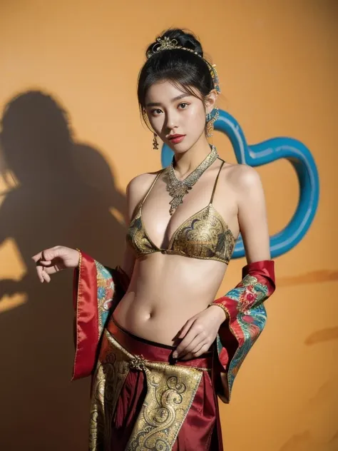 An ancient Chinese beauty，Dance，The ornate costumes are embroidered with intricate embroidery，A long colored streamer is tied around the arm，flowy，Open navel，cropped shoulderare neck，Yingluo，Black coiled hair bun hairpin hairband，The armband is tied with a...