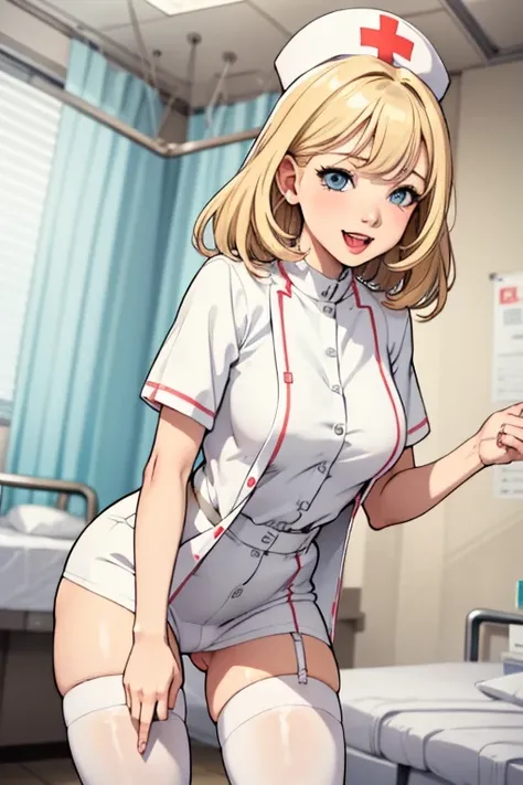 1girl  with young boy patient in, Nurse with boy , Nurse Cap, Whiteware, ((White legwear, zettai ryouiki)), White Gloves, Blonde hair, Blue eyes, pink lipsticks, Smile, Standing, sharp outline, Short sleeves, Best Quality, masutepiece, infirmary, sexy nurs...