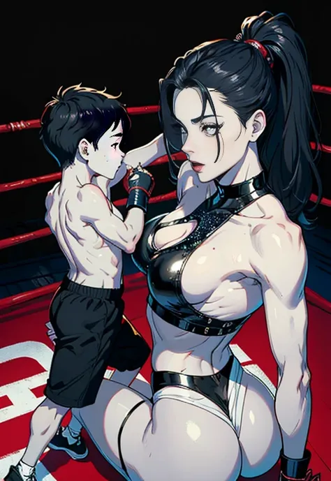 sexy MOM and Son couple having  into the ring, (original) ,  mom busty and tall perfect legs perfect ass,  (very detailed wallpaper) , (best quality) , (masterpiece) , photographic reality, realistic, very detailed illustrations, (1 MILF with 1 young boy h...