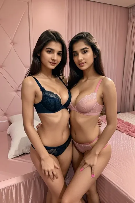 two extreme hot sisters , one is older and little taller than younger sister ,both on hot big boobs and tight thighs one on voilet lingerie and one on pink lingerie , old sister sat on bed and younger standing near bed , younger sister is in bad mood , ext...