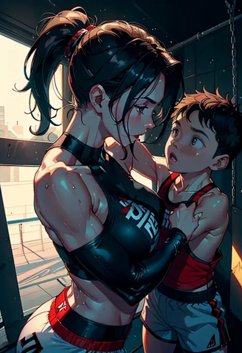 Tall strong  fighter MOM and  young Son couple having  into the ring,  mom busty and tall perfect legs perfect ass,  (1 MILF with 1 young boy having  into the ring ) , beautiful eyes, (delicate faces) , perfect detail, (best lighting) ,(boxing girl with bo...