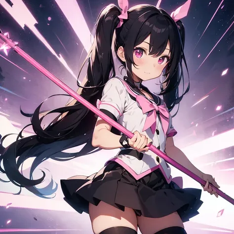 Magical girl, Contrasted background, twintail black hair, miniskirt vibrant pink stripes, staff in hand