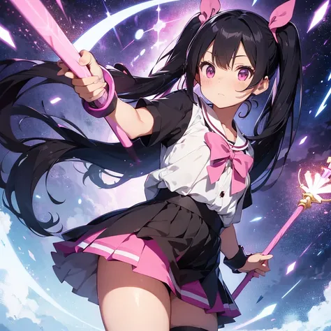 Magical girl, Contrasted background, twintail black hair, miniskirt vibrant pink stripes, staff in hand