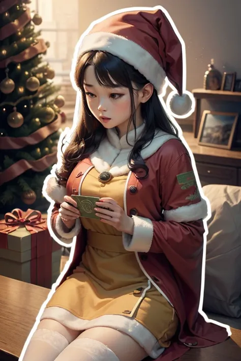 Sticker design, 1girl, Christmas hat, Christmas tree, (by Song Huizong Zhao Ji), enhance, intricate, (masterpiece, Representative work, official art, Professional, unity 8k wallpaper:1.3)