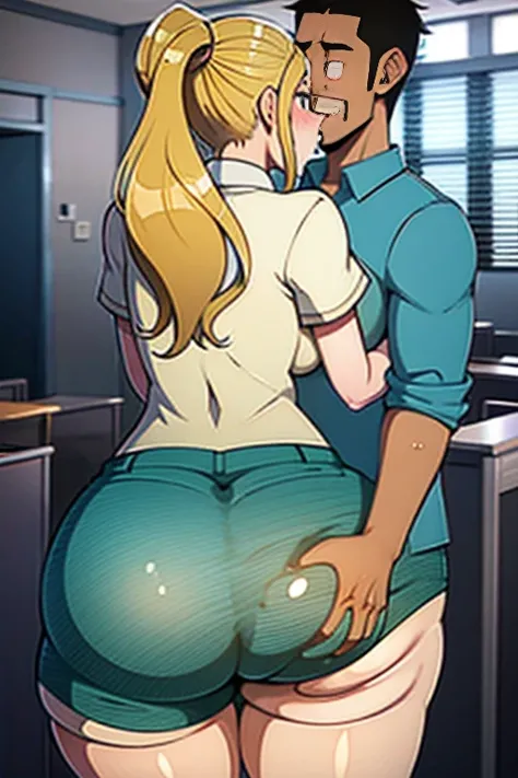 two people, one male, one female, male groping female, classroom setting, girl dressed in jean shorts, girl is bending over desk. Girl is voluptuous, wide hips, thick thighs, big ass, blonde hair, ponytail, big thick ass, juicy ass, 1guy standing behind gi...