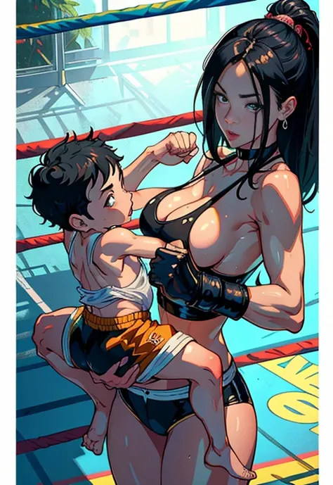 sexy MOM and Son couple having  into the ring, (original) ,  mom busty and tall perfect legs perfect ass,  (very detailed wallpaper) , (best quality) , (masterpiece) , photographic reality, realistic, very detailed illustrations, (1 MILF with 1 young boy h...