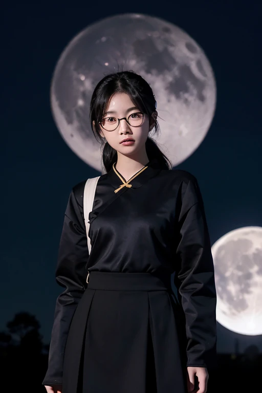 16-year-old Chinese female high school student，wears glasses，Thin，Full body photo，A black cat stands on my shoulder，There is a full moon behind，The background is the city of the future，cinematic Film still from，hyper HD，extreme hight detail，Laika，dingdall ...