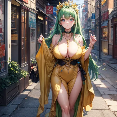 1girl in、Green hair、green white dress、jewely、see -through、see the beholder、hair adornments、a choker、full of shyness、 (​masterpiece、top-quality、top-quality、Official art、Beautifully Aesthetic:1.2)、ighly detailed、colourfull、highestdetailed、 (Colossal tits:1.2...