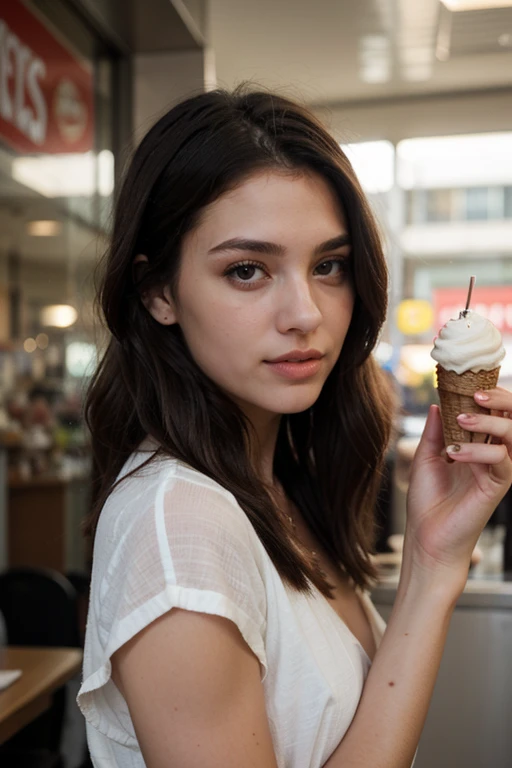 "Picture a 21-year-old Caucasian woman with mesmerizing brown-black hair and captivating eyes.  wearing fashioned clothes and licking ice cream