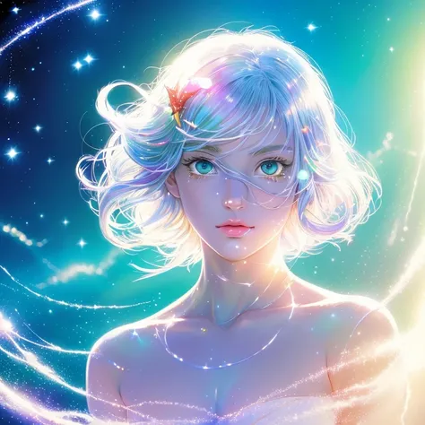 perfect masterpiece,Highest Quality,Perfect Artwork,8K,
Upper body portrait of Renron:1.5),Delicate face,Face Close-up,
Mermaid Girl,strangely shining transparent eyes,Magic Transparent Eyes,star eyes,White hair,Holographic Phantom Background,(Symmetrical ...