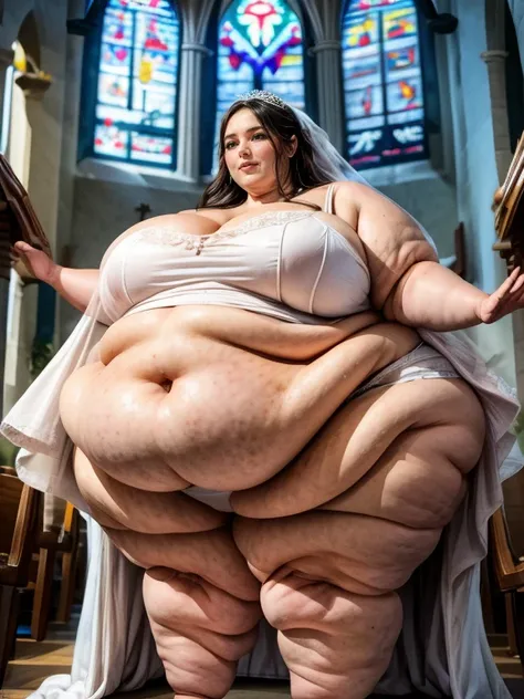 masterpiece, best quality, super detail, 4k, 1girl, (in a church at a wedding), (wedding dress:1.3), (bbw), big belly, (dynamic pose), add detail