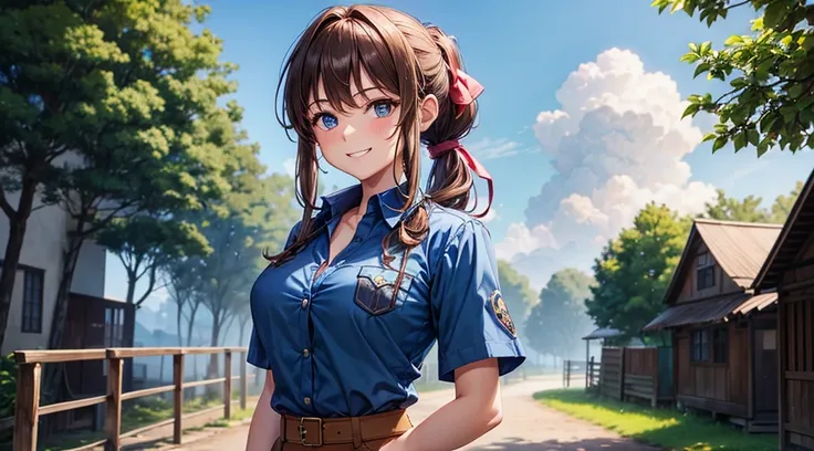 1girl, solo, village, trees, brown hair, long hair, curly hair, ponytail, large breasts, button down shirt, police, ((blue shirt)), ((unbuttoned shirt)), ((short sleeved shirt)), blue eyes, grin, looking at the viewer, standng, hair ribbon