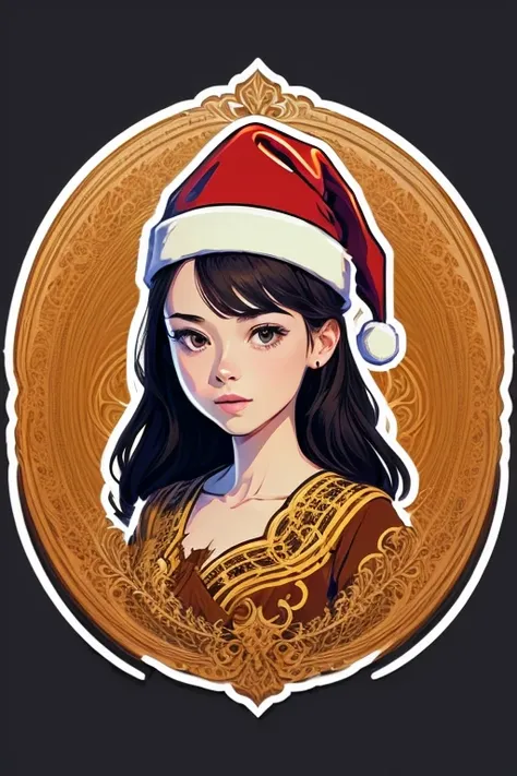 sticker design, 1girl, christmas hat, (vector art), enhance, intricate, (masterpiece, representative work, official art, profess...