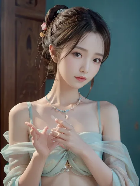 Bust photo, a beautiful woman, messy hair, girly, symmetrical bun, hair accessories, jewelry, delicate face, eye shadow, delicate cyan top, bare shoulders, navel, bare belly, Dunhuang style, a lot of streamers, delicate skin, soft light effects, delicate a...