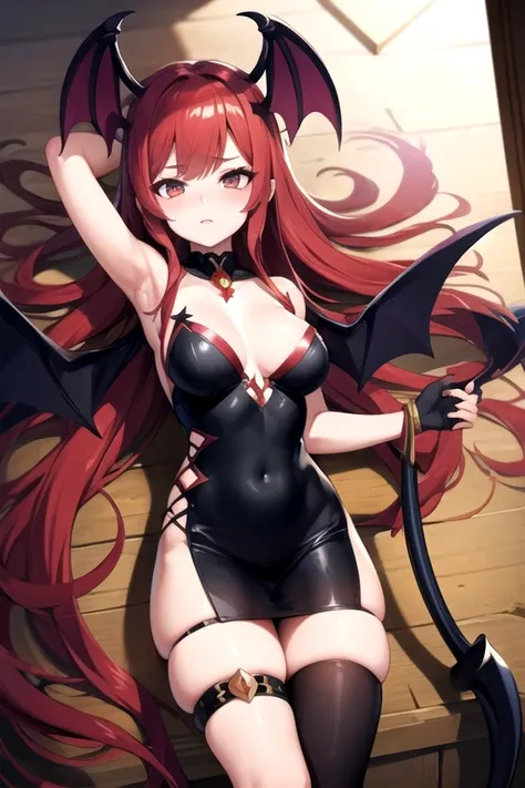 anime garota with red hair and a demonic tail securing a sword, arte conceitual por Kanbun Master, Vencedor do concurso Pixiv, arte conceitual, succubus, beautiful succubus, succubus in tight short dress, Demon girl, shalltear from overlord, demoness, meni...