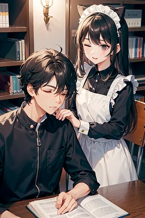 A guy and a girl are best friends, They look about 20 years old, they are sitting in the library. The guy has short black hair and is wearing a school uniform., the girl has long brown hair and gray eyes, dressed in a maid uniform and wearing cat ears. The...