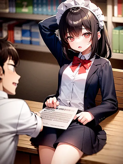 Guy and girl are best friends, They look about 20 years old, they are sitting in the library. The guy has short black hair and is wearing a school uniform....., the girl has long brown hair and gray eyes, dressed in a maid uniform and with cat ears. The gu...