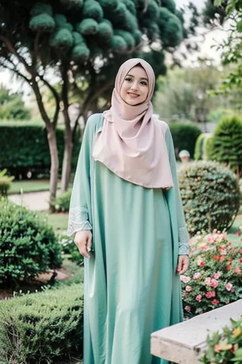 A young Indonesian woman, 25 years old, with a slim body and slim face,  slightly smiling face, is posing like super model, She is wearing modest and loose-fitting clothing, such as pastel color long dress with flower motives. The lighting in the scene is ...