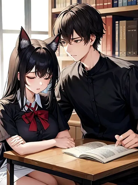 Guy and girl are best friends, They look about 20 years old, they are sitting in the library. The guy has short black hair and is wearing a school uniform., and the girl has long brown hair and gray eyes, dressed in a maid uniform and with cat ears. The gu...