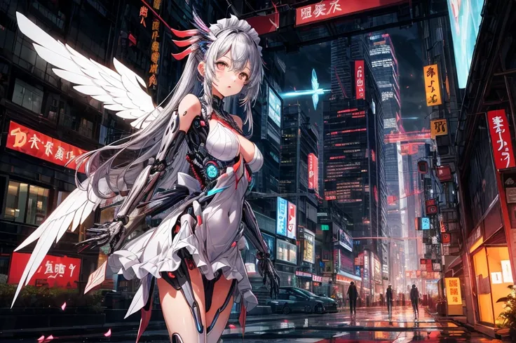 top-quality、ighly detailed、​masterpiece、ultra-detailliert、illustratio、((1girl in))、silber hair、length hair、Floating hair、、Cyber City、Neon building、(The upper part of the body:1.05)、extremely_Detailed_Eyes_And_Face,cybernetic wings mechanical wings、Random p...