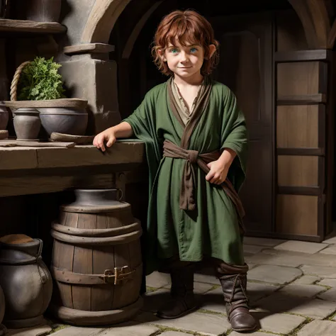 A short male child hobbit, with "short red hair", "dark medieval merchants outfit", "green eyes", wearing a merchants robe , full body pose,