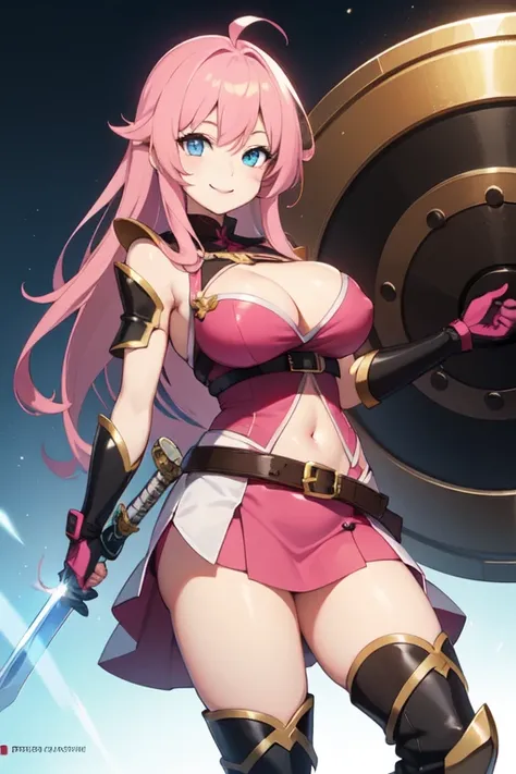 anime girl, long hair, pink hair, blue eyes, pink dress armor, smiling, sword and shield, big breasts, boots, belt on leg, exposed belly