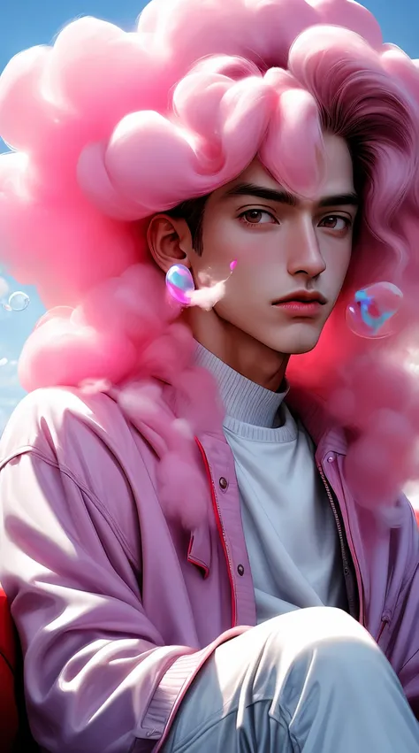 arafed man sitting on a couch with a pink cloud in the background, made of cotton candy, frank moth, sitting in a fluffy cloud, bubblegum face, portrait photo, cotton candy clouds, cotton candy, portrait shot, photo portrait, stable diffusion self portrait...