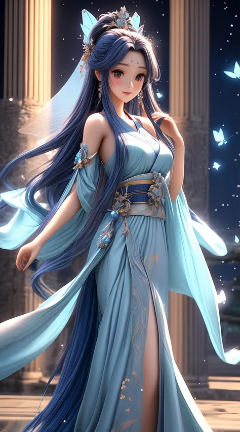 Fairy air fluttering, a beautiful girl in ancient style, with flowing long hair, traditional water blue Hanfu, sweet smile, holding water blue flowers in hand, big eyes, dancing around the flowers, butterflies, 3D animation rendering, symmetrical center po...