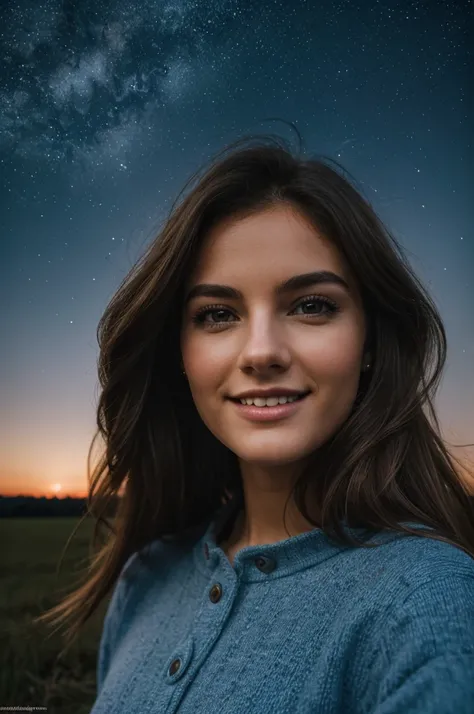 Low angle, night photography, in the countryside, under the winter starry sky,
1 gorgeous woman,
23 ans, 
subtle smile, 
flirts with the camera,
she’s a model,  pose, 
(European girl:1.2), (random hair:1.3),
(Realistic hair:1.2),
(realistic eyes:1.2),
(Bea...