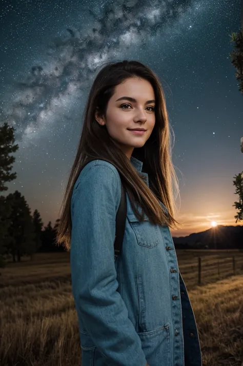 Low angle, night photography, in the countryside, under the winter starry sky,
1 gorgeous woman,
23 ans, 
subtle smile, 
flirts with the camera,
she’s a model,  pose, 
(European girl:1.2), (random hair:1.3),
(Realistic hair:1.2),
(realistic eyes:1.2),
(Bea...