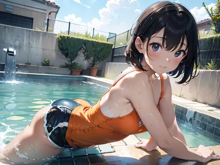 ​masterpiece,top-quality,realisitic,swim wears(Orange camisole,Dark blue shorts),Drenched in cloudy, slimy lotion,Large public bath with cloudy and slimy lotion(swim),playing in the water,