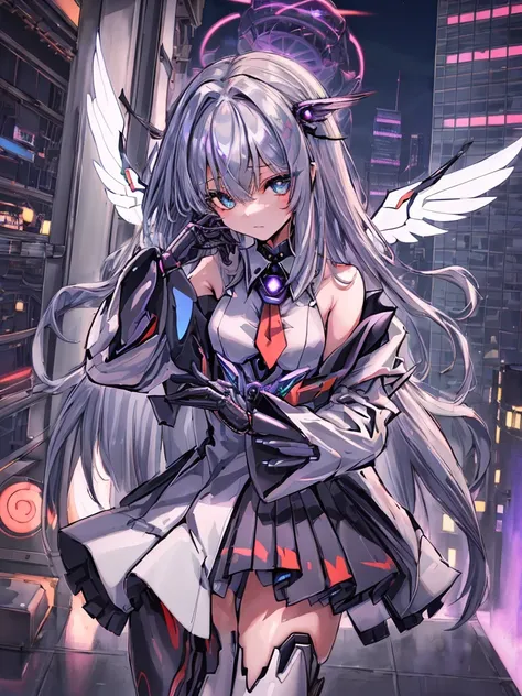 top-quality、ighly detailed、​masterpiece、ultra-detailliert、illustratio、((1girl in))、silber hair、length hair、Floating hair、、Cyber City、Neon building、(The upper part of the body:1.05)、extremely_Detailed_Eyes_And_Face,cybernetic wings mechanical wings、Random p...