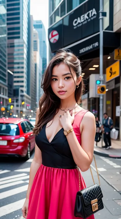 Generate an image of a girl standing in Sydney wearing a stylish and attractive dress. The dress should have a hot and random style with a mix of colors. Capture a diverse and eye-catching fashion moment in the city.