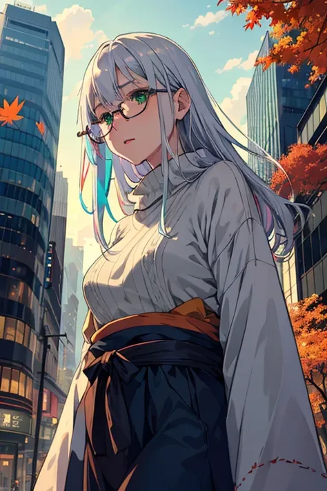 Japan, hight resolution, best qualtiy, Illustration,  ultra-detailliert, (Detailed face), (Detailed eyes), Soft lighting, Best Quality, Hazy glow, dreamy ambiance, Hyper Detailed, masutepiece, 1girl in, Solo, Silver hair, Green eyes, Knitwear, Luminous Eye...