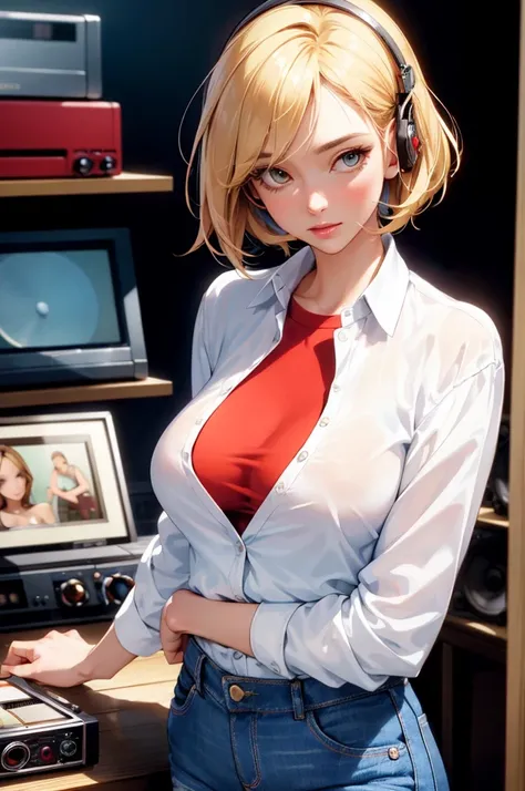 (masterpiece, best quality:1.4), ultra-detailed, soft light, natural lighting, cinematic light, film grain, (depth of field), (1woman, solo:1.4), mature woman, perfect female form, (perfect face, detailed face, glossy lips, eyeliner), short hair, blonde, (...