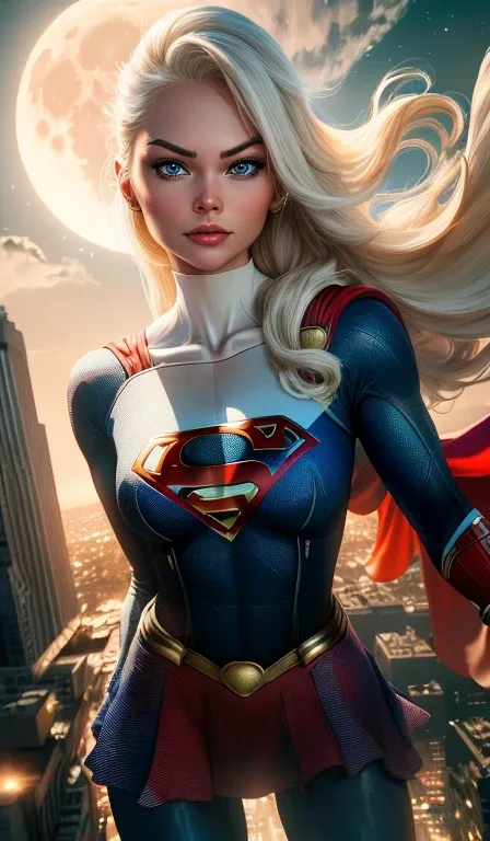 (masterpiece, 4k resolution, ultra-realistic, very detailed), (white superhero theme, charismatic, there's a girl on top of town...