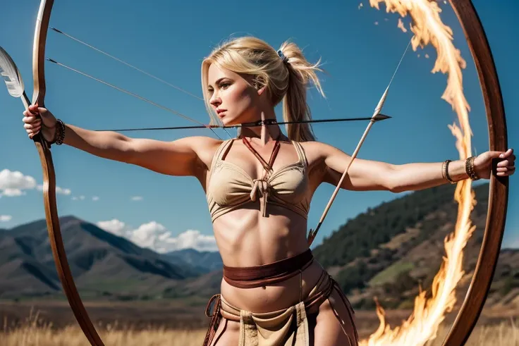 Woman, in a loincloth, with a bow and arrow, standing, aiming, blonde hair, safe for work, flaming arrow