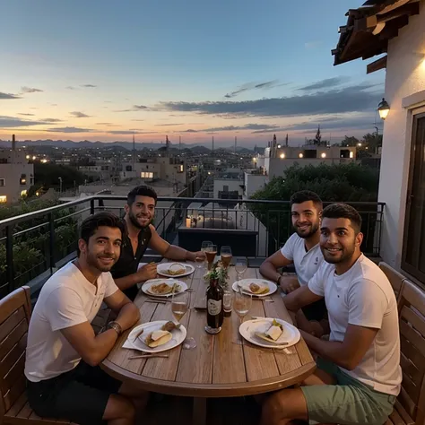 Foto con amigos hombres, cenando en una terraza al aire libre, ninguno muestra sus manos en la foto, todos vistes muy bien, They are all 26 years old and live a luxurious life, There are more people on the terrace and from the terrace there is a great view...