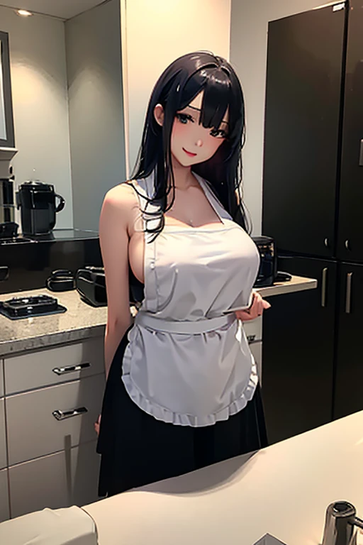 masterpiece, best quality, ultra-detailed, nsfw, apron on naked body, sexy, large breast, black hair, white apron, Kitchen, Detailed body with large breasts, no bra