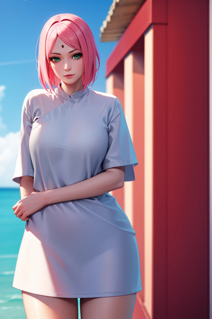 young woman, pale skin, short bubblegum pink hair, wide forehead, emerald green eyes, buttoned nose, peach lips, heart-shaped face, slender, red clothes, Sakura Haruno, 3d, realism, angelic face, maya in net