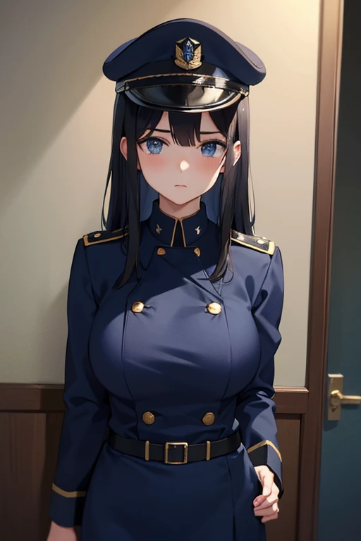 Dark blue Military Uniform, Black Hair, Breast, Military Cap