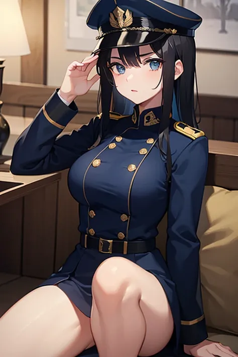 Dark blue Military Uniform, Black Hair, Breast, Military Cap