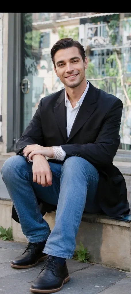 European handsome man, dark hair, wearing a grey suit, smiling, sunny day