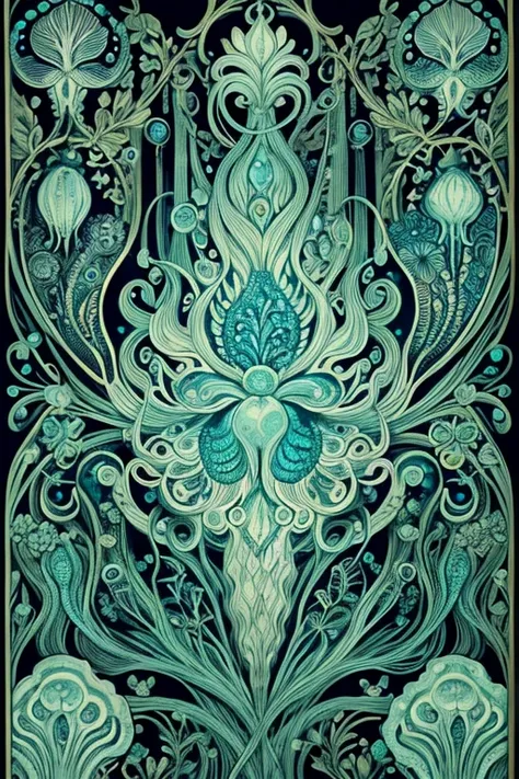 a black and white drawing of jellys and jellyfishs, by Earnst Haeckel, dark green color scheme, closeup!!!!!!, cyanotype, wallpaper!