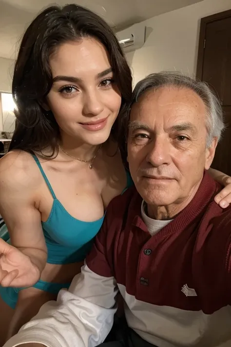 Selfie of a 21-year-old girl with an attractive 60-year-old mature man, ambos se ven sonrientes, es su esposo, ambos visten elegante, soy millonarios y viven feliz, el la besa