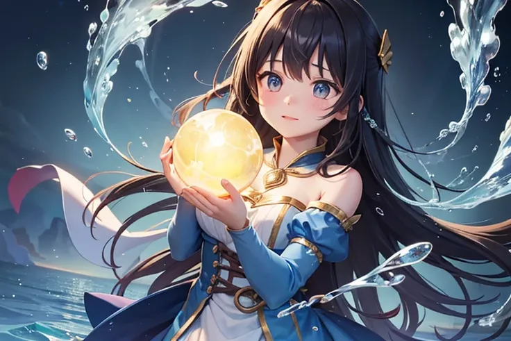 A girl uses magic to make a ball of water float as if juggling it.　shining with magic